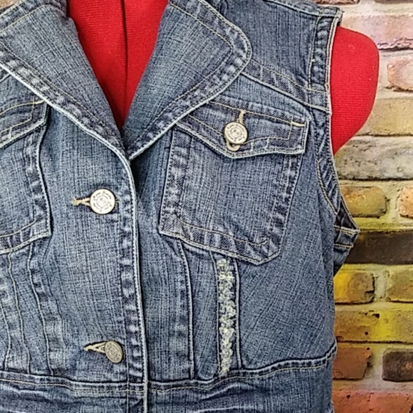 Miss Bisou Destroyed Denim Crop Vest Sz L - Picture 3 of 7